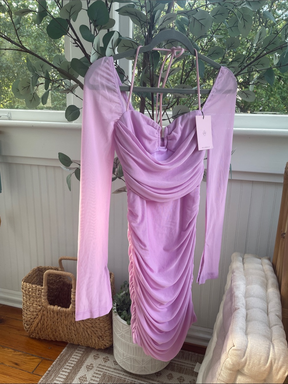 Hello Molly Lilac Long Sleeve Draped Ruched Midi Dress